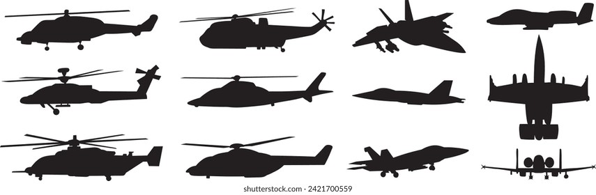 set of combat aircraft and helicopters silhouette vector