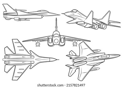 Set of combat army fighter on a white background. Vector illustration.