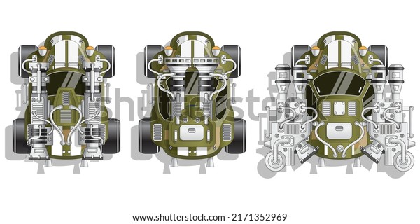 Set of combat futuristic vehicles. View\
from above. Vector\
illustration.