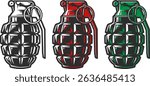 Set of combat grenades of different colors, three grenade icons with rings.