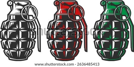 Set of combat grenades of different colors, three grenade icons with rings.