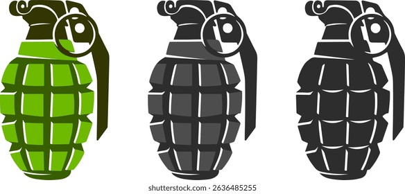 Set of combat grenades in the form of three icons, icon of combat army grenade in three colors.