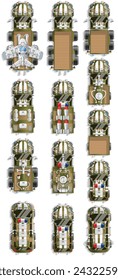 A set of combat vehicles. View from above. Vector illustration. 