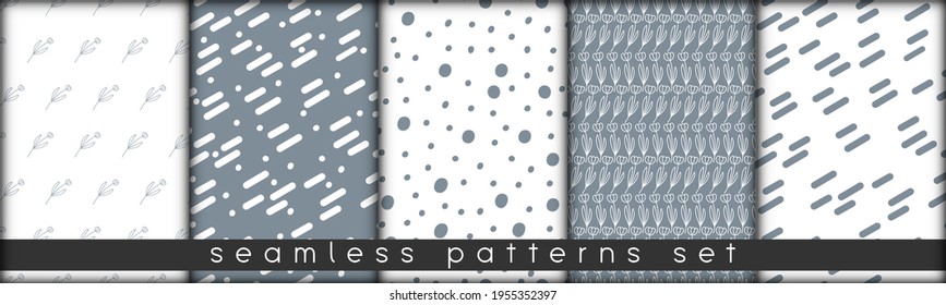 set of combinable seamless patterns. botanical floral hand drawn lineart elements dots spots, ultimate gray and white. design for packaging wrapping fabric textile