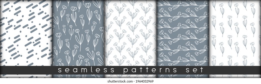set of combinable seamless patterns. botanical floral hand drawn lineart elements dots spots, ultimate gray and white. design for packaging wrapping fabric textile