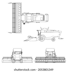 Set with combine harvester from black lines isolated on white background. Side view, top, front, back. Vector illustration