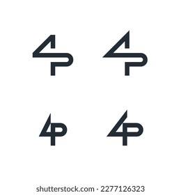 Set of combined 4 and P icon logo. 4P initials concept design.