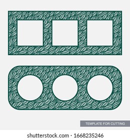 Set of combined frames for three round or square photos. Floral ornament with a pattern of leaves. Template for laser cutting, metal engraving, wood carving, paper cut or printing. Vector illustration