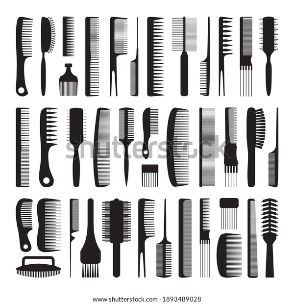 Set of combs. Black silhouettes of various combs on\
a white background. Device for combing and styling hair.\
Hairdressing tool. Vector illustration isolated on white background\
for design and web.