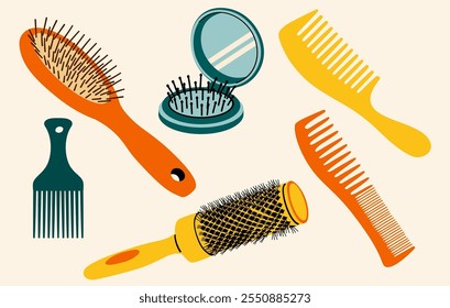 A set of combs of different shapes. Hairbrushes for styling hair.