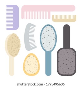 Set of combs for hair. Massage comb, hair brush, hair comb. Cute cartoon icons. Vector illustration isolated on white background.