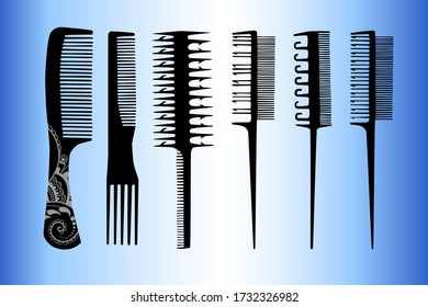 Set of combs. Looped bristle brush, paddle brush, rattail comb. Vector illustration.	