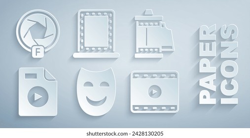 Set Comedy theatrical mask, Camera roll cartridge, AVI file document, Play Video, Makeup mirror with lights and shutter icon. Vector