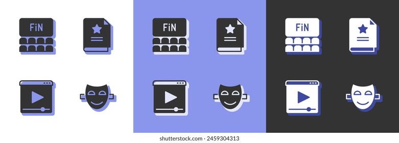 Set Comedy theatrical mask, Cinema auditorium with screen, Online play video and Scenario icon. Vector