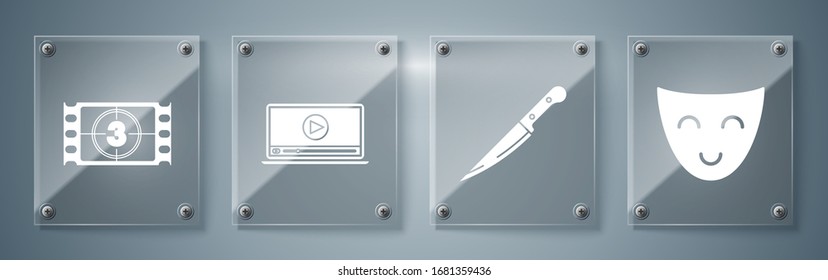 Set Comedy theatrical mask , Knife , Online play video  and Play Video . Square glass panels. Vector