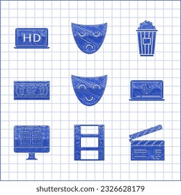 Set Comedy theatrical mask, Play Video, Movie clapper, Online play video, Buy cinema ticket online, VHS cassette tape, Popcorn cardboard box and Laptop screen with HD technology icon. Vector