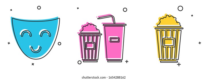 Set Comedy theatrical mask , Popcorn and soda drink glass and Popcorn in cardboard box  icon. Vector