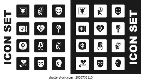 Set Comedy theatrical mask, Psychology, Psi, Rorschach test, Broken heart divorce, Man graves funeral sorrow,  and  icon. Vector