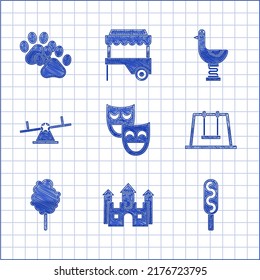 Set Comedy Theatrical Masks, Castle, Corn Dog, Swing, Cotton Candy, Seesaw, Riding Kid Duck And Paw Print Icon. Vector