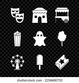 Set Comedy theatrical masks, Circus tent, Fast street food cart with awning, Ferris wheel, Ice cream, Ticket, Popcorn cardboard box and Ghost icon. Vector