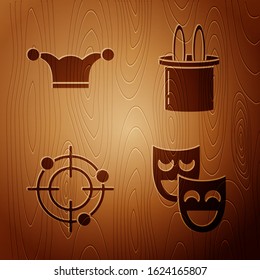 Set Comedy theatrical masks, Jester hat with bells, Target sport for shooting competition and Magician hat and rabbit ears on wooden background. Vector