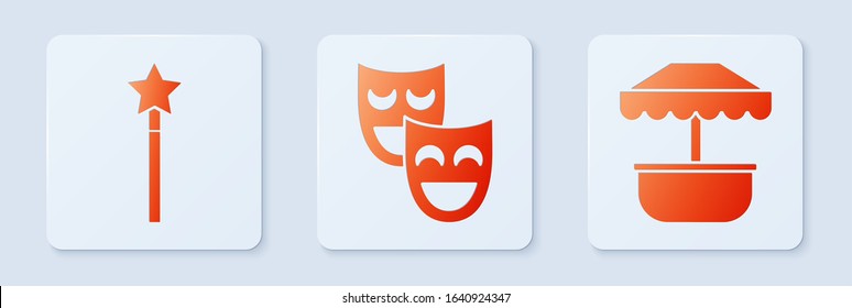 Set Comedy theatrical masks, Magic wand and Attraction carousel. White square button. Vector