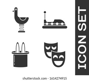 Set Comedy theatrical masks, Riding kid duck, Magician hat and rabbit ears and Bumper car icon. Vector