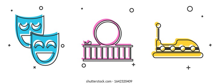Set Comedy Theatermasken, Roller Coaster und Bumper Auto-Symbol. Vektorillustration