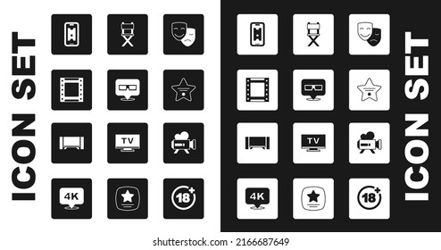 Set Comedy and tragedy masks, 3D cinema glasses, Play video, Buy ticket online, Walk of fame star, Director movie chair, Retro camera and Smart Tv icon. Vector