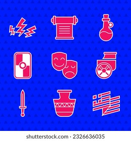 Set Comedy and tragedy masks, Ancient amphorae, Greece national flag, chariot, Medieval sword, Greek shield, Bottle of olive oil and Zeus icon. Vector