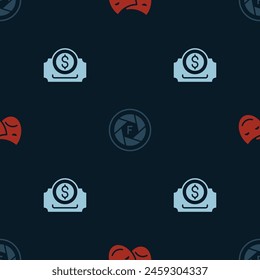 Set Comedy and tragedy masks, Camera shutter and Cinema ticket on seamless pattern. Vector