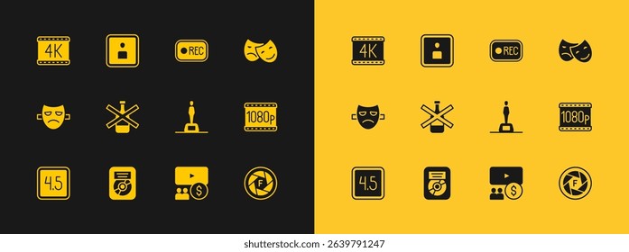 Set Comedy and tragedy masks, CD disk award in frame, Movie trophy, Cinema auditorium with screen, No alcohol, Record button, 4k movie and Play Video icon. Vector
