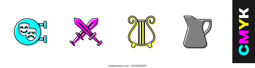 Set Mascarillas de comedia y tragedia, espada medieval cruzada, lira antigua y botellas de aceite de oliva icono. Vector
