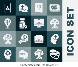 Set Comedy and tragedy masks, Man graves funeral sorrow, Broken heart divorce, Psychology book, Psi, Sedative pills, Psychology,, Psychologist online and  icon. Vector