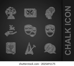 Set Comedy and tragedy masks, Metronome with pendulum, Addiction to the drug, theatrical, Psychology book, Psi, Solution problem, Psychology, and Head question mark icon. Vector