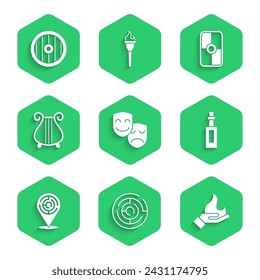 Set Comedy and tragedy masks, Minotaur labyrinth, Hand holding fire, Bottle of olive oil, Ancient lyre, Greek shield and  icon. Vector