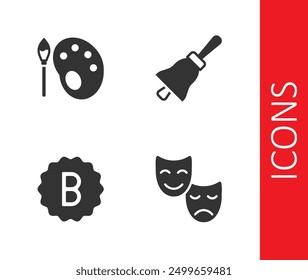 Set Comedy and tragedy masks, Paint brush with palette, Exam paper incorrect answers and Ringing bell icon. Vector