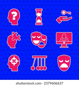 Set Comedy and tragedy masks, Pendulum, Drama theatrical, Psychologist online, Finding problem, Solution to,  and Head with question mark icon. Vector