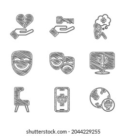 Set Comedy and tragedy masks, Psychologist online, Psychology, Psi, Armchair, theatrical, Helping hand and Broken heart or divorce icon. Vector