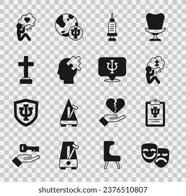 Set Comedy and tragedy masks, Psychology, Psi, Man graves funeral sorrow, Addiction to the drug, Solution problem, Graves, Head with heart and  icon. Vector