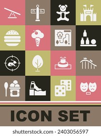 Set Comedy and tragedy masks, Roller coaster, Bottles ball, Teddy bear plush toy, Ice cream in waffle cone, Burger, Seesaw and Amusement park map icon. Vector