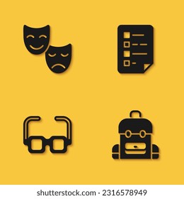 Set Comedy and tragedy masks, School backpack, Glasses and Clipboard with checklist icon with long shadow. Vector