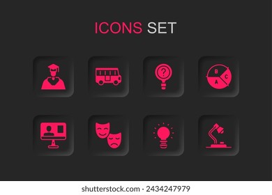 Set Comedy and tragedy masks, School Bus, Graduate graduation cap, Creative lamp light idea, Pie chart infographic, Table, Unknown search and Online class icon. Vector