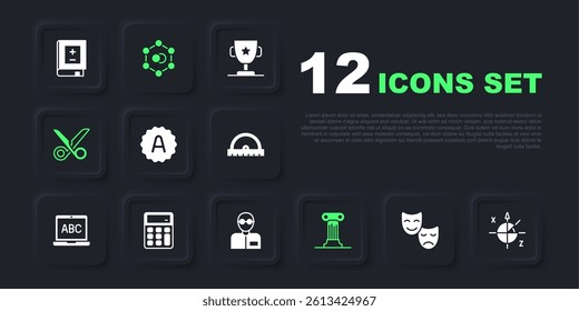 Set Comedy and tragedy masks, Trigonometric circle, Exam sheet with A plus grade, Law pillar, Scissors, Calculator, Molecule and Teacher icon. Vector