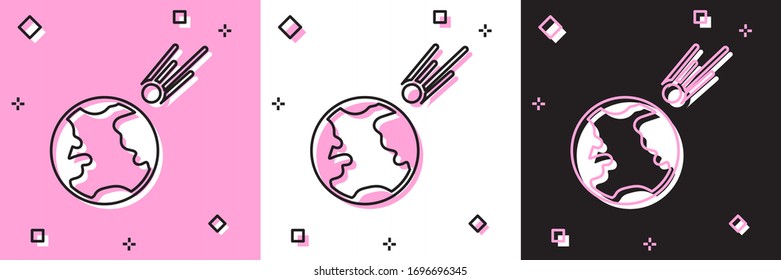 Set Comet falling down fast icon isolated on pink and white, black background. Vector Illustration