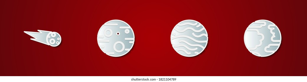 Set Comet falling down fast, Planet Mars, Venus and Mercury icon. Vector.