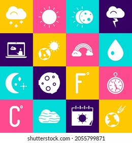 Set Comet falling down fast, Compass, Water drop, Eclipse of the sun, Earth globe and, Weather forecast, Cloud with snow and Rainbow clouds icon. Vector