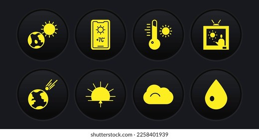 Set Comet falling down fast, Weather forecast, Sunrise, Cloud, Meteorology thermometer, Water drop and Earth globe and sun icon. Vector