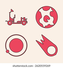 Set Comet falling down fast, Mars rover, Earth globe and Satellites orbiting the planet Earth icon. Vector