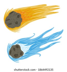 Set comet fly on white background. Meteor yellow and blue color in doodle vector illustration.